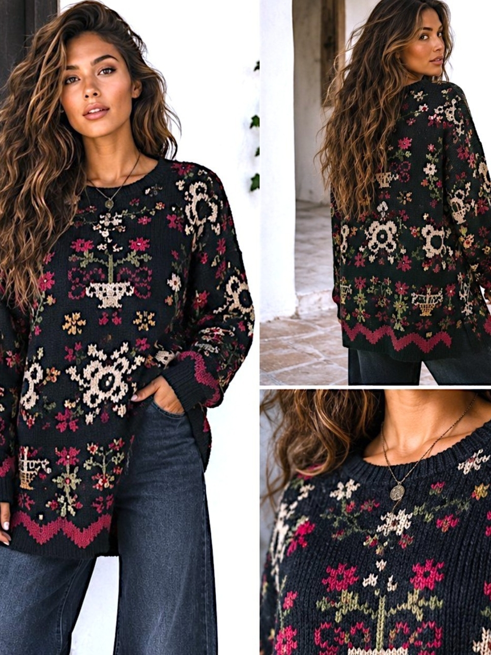 Vtg 90 Northern Isles Hand Knit M Floral Sweater Black Cottagecore Folk Heritage